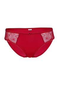Biancheria intima rossa con dettagli in pizzo floreale sui lati, caratterizzata da un fiocco centrale e una fascia in vita liscia. Tessuto morbido con vestibilità aderente.