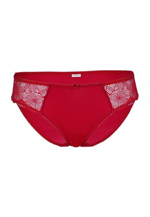Biancheria intima rossa con dettagli in pizzo floreale sui lati, caratterizzata da un fiocco centrale e una fascia in vita liscia. Tessuto morbido con vestibilità aderente.