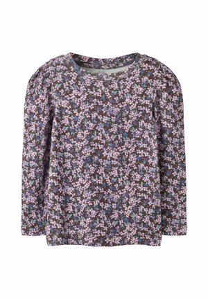 Chemise marron à manches longues avec un motif floral de petites fleurs roses et bleues et des détails froncés aux épaules.