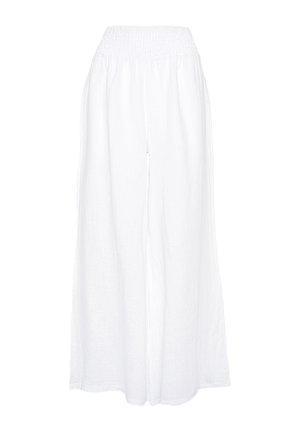 Pantaloni bianchi a gamba larga con vita elastica arricciata, realizzati in tessuto leggero, mostrati su uno sfondo bianco semplice.