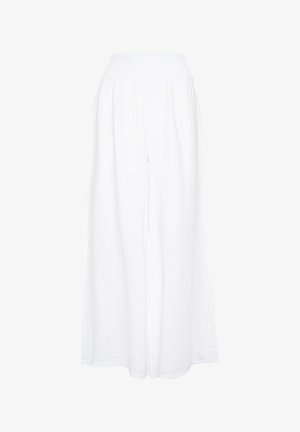 Pantaloni bianchi a gamba larga con vita elastica arricciata, realizzati in tessuto leggero, mostrati su uno sfondo bianco semplice.