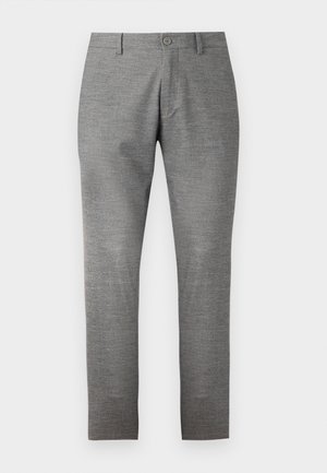 Pantalones de vestir ajustados gris con cierre de botón y trabillas para cinturón, exhibidos sobre un fondo blanco.