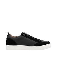 Black leather sneaker with suede accents, white rubber sole, lace-up design, and a discreet back tab for easy wear. Textured surface.