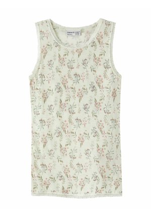 Ärmelloses weißes Oberteil mit zartem rosa und grünem Blumenmuster, rundem Ausschnitt und Spitzenbesatz an Hals und Armausschnitten.