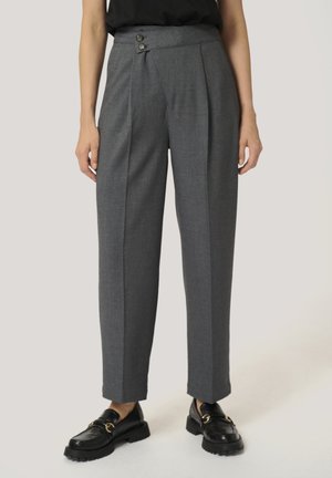Gray tailored trousers with a high waist, pleated front, and two decorative buttons. Crafted from textured fabric, featuring a straight leg design.