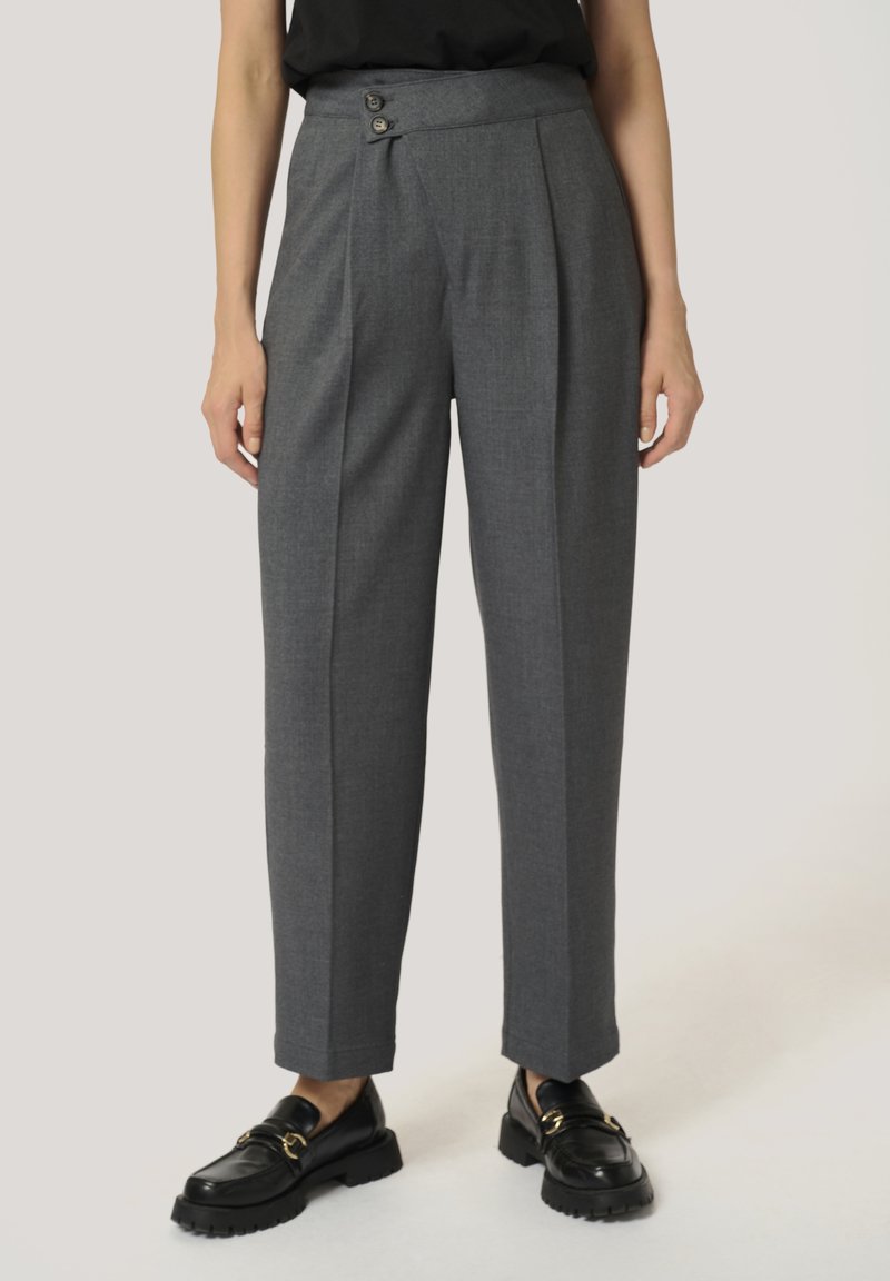 Gray tailored trousers with a high waist, pleated front, and two decorative buttons. Crafted from textured fabric, featuring a straight leg design.