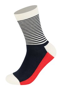 Marineblaue und weiße gestreifte Socken mit einem roten Akzent an der Ferse und einer elfenbeinfarbenen Zehe. Hergestellt aus einem weichen, dehnbaren Stoff für zusätzlichen Komfort.
