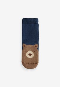Calzino blu con design di faccia di orso bruno sulla punta. Realizzato in tessuto morbido, con bordo a costine e texture liscia.