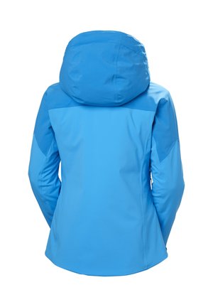 Giacca con cappuccio blu con pannelli blu più scuri su spalle e maniche, vista da dietro su sfondo bianco.