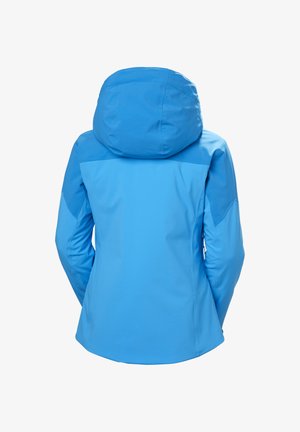 Giacca con cappuccio blu con pannelli blu più scuri su spalle e maniche, vista da dietro su sfondo bianco.