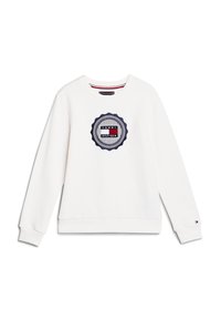 Felpa bianca con logo ricamato rotondo blu navy e rosso sulla parte anteriore. Presenta un collo a giro e polsini e orlo a costine.