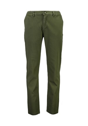 Pantalones rectos de color verde oliva con cierre de botón y cremallera, bolsillos laterales y trabillas, mostrados sobre fondo blanco.
