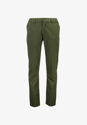 Pantalones rectos de color verde oliva con cierre de botón y cremallera, bolsillos laterales y trabillas, mostrados sobre fondo blanco.