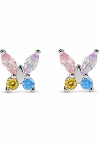 Schmetterlingsförmige Ohrstecker mit pinken, lila, gelben und blauen Kristallen, die in silberfarbigem Metall mit polierten Akzenten eingefasst sind.