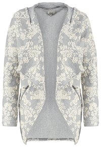 Giacca grigia con motivo floreale, dotata di cappuccio, con ricami crema, design a frontale aperto e tasche con zip su entrambi i lati.