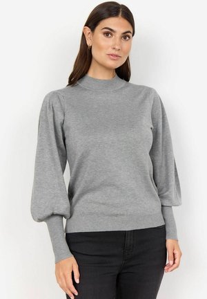 Grijze pullover trui met een hoge nek, ballonmouwen en geribbelde manchetten. Zachte textuur en getailleerde zoom, ontworpen voor casual gebruik.