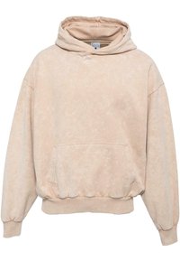 Sudadera con capucha color beige claro, con tela texturizada, capucha con cordón, bolsillo frontal y puños y dobladillo acanalados, con un patrón moteado sutil.