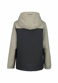 Veste légère beige et bleu marine foncé, dotée d'une capuche, de poignets élastiques et d'une texture lisse, avec un logo imprimé sur le haut du dos.