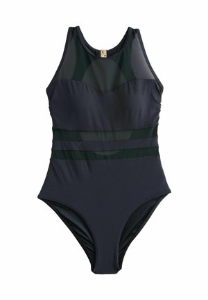 One-piece black swimsuit with mesh panels at the chest and waist, featuring a high neckline and a back zipper closure.