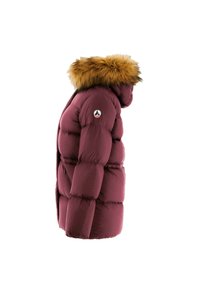 Burgunderfarbene Pufferjacke mit abnehmbarem Kapuzenrand aus braunem Kunstfell. Verfügt über ein Logo-Patch und seitliche Reißverschlusstaschen.