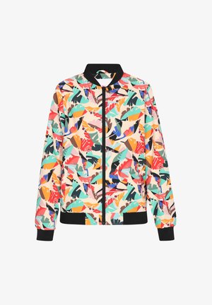 Barevná bomber bunda s vícetrojným vzorem listů. Vyrobena z lehkého materiálu, s černým žebrovaným límcem a manžetami.