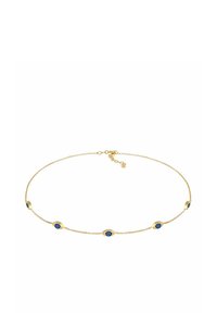 Gouden ketting met afwisselende blauwe en gouden oogvormige bedels, elk met een concentrisch ontwerp van blauwe en zwarte cirkels.