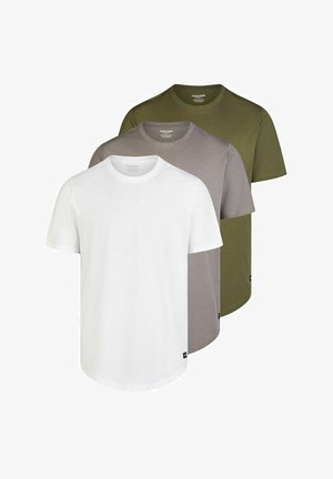 Drei kurzärmelige T-Shirts, die vertikal angeordnet sind. Farben: weiß, hellgrau und olivgrün. Hergestellt aus weichem Stoff mit einem klassischen Rundhalsausschnitt.