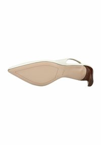 Scarpa a punta in pelle beige chiaro con una fascia trasparente e un tacco basso in legno. Superficie liscia con design minimalista.