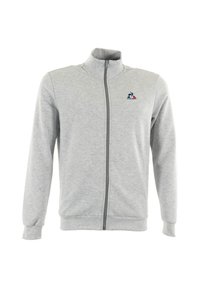 Grijze ritssluitingjack met hoge kraag, gemaakt van gladde stof. Bevat een geborduurd logo op de linkerborst en geribbelde boorden aan de mouwen.