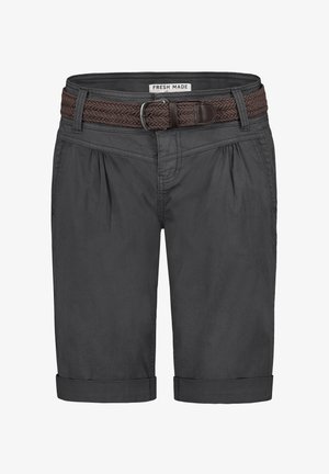 Charcoal gray shorts with a braided brown belt. Features rolled hems and pleats at the waist. Made of lightweight fabric.