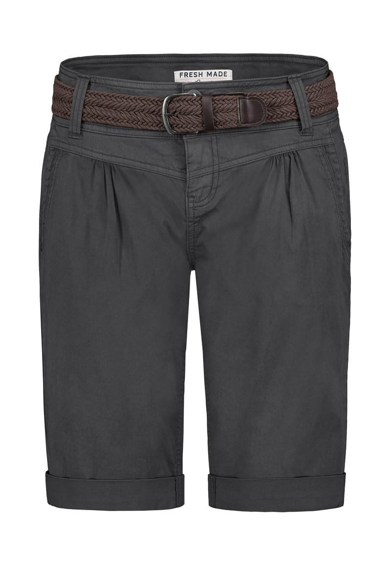 Charcoal-graue Shorts mit einem geflochtenen braunen Gürtel. Mit umgeschlagenen Säumen und Falten an der Taille. Hergestellt aus leichtem Stoff.