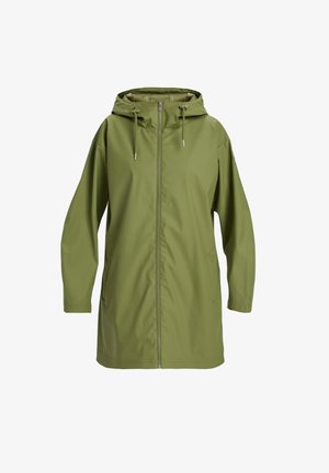 Letvægts grøn regnjakke med lynlås foran, hætte, snore og sidelommer. Glat tekstur med en afslappet pasform og lange ærmer.