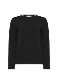 Schwarzer Pullover mit langen Ärmeln und Rundhalsausschnitt, mit einem kontrastierenden cremefarbenen Abschluss am Halsausschnitt und an den Bündchen. Glatte Stricktextur.