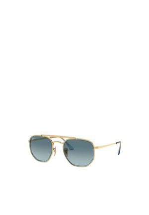 Occhiali da sole in metallo dorato con forma ottagonale e lenti grigie sfumate. Caratterizzati da stanghette sottili con accenti blu vicino alle punte.