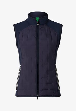 Tmavě modrá bezrukává prošívaná vesta s vysokým límcem, předním zipem a zipovými bočními kapsami, navržená pro teplo a pohodlí.