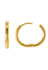 Goldene Creolen mit einer glatten, glänzenden Oberfläche. Das Design ist rund und verfügt über einen einfachen Verschlussmechanismus für einen sicheren Halt.