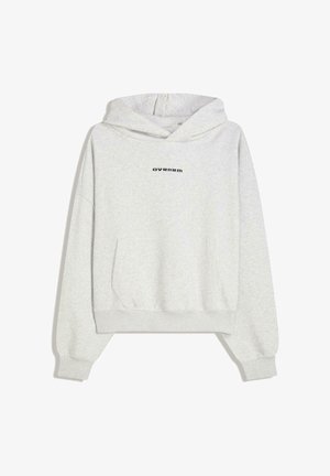 Light gray hoodie made of soft fabric featuring a front pocket and a black printed logo "OVRNRM" on the chest. Ribbed cuffs and hem.