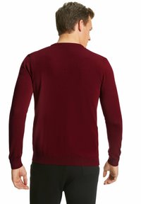 Bordeauxfarbener Pullover mit langen Ärmeln, taillierten Bündchen und geripptem Saum. Glatte Textur, minimales Design und klassischer Rundhalsausschnitt.