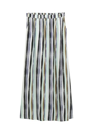 Gonna maxi con righe verticali in verde menta, blu navy, marrone e nero. Presenta una vita elastica e tasche laterali.