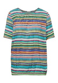 Mehrfarbig gestreifte Kurzarmbluse mit Rundhalsausschnitt. Aus leichtem Stoff gefertigt. Mit horizontalen Streifen in Blau, Grün, Orange und Pink.