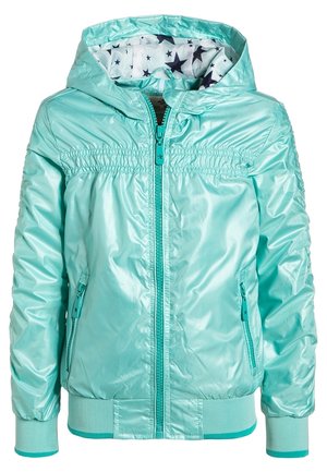 Chaqueta infantil con capucha en turquesa claro, forro interior con estampado de estrellas, cremallera frontal y bolsillos con cremallera.