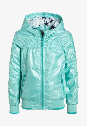 Chaqueta infantil con capucha en turquesa claro, forro interior con estampado de estrellas, cremallera frontal y bolsillos con cremallera.