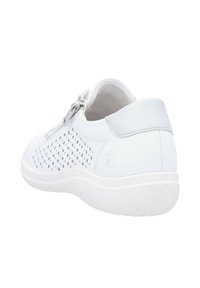 White sneaker with perforated upper, smooth texture, and a contrasting grey heel accent. Features a side zipper for easy wear.