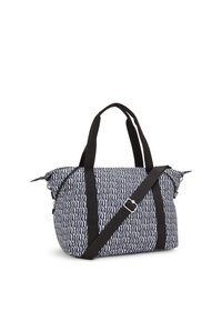 Borsa da viaggio in tessuto stampato con design a onde blu e bianche, manici neri, chiusura con zip e tracolla regolabile.