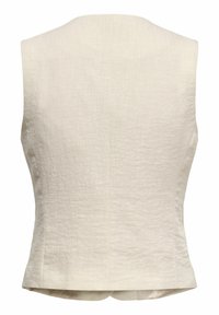 Gilet sans manches en lin beige avec un design simple au dos et des détails subtils de coutures, taillé pour une coupe ajustée.