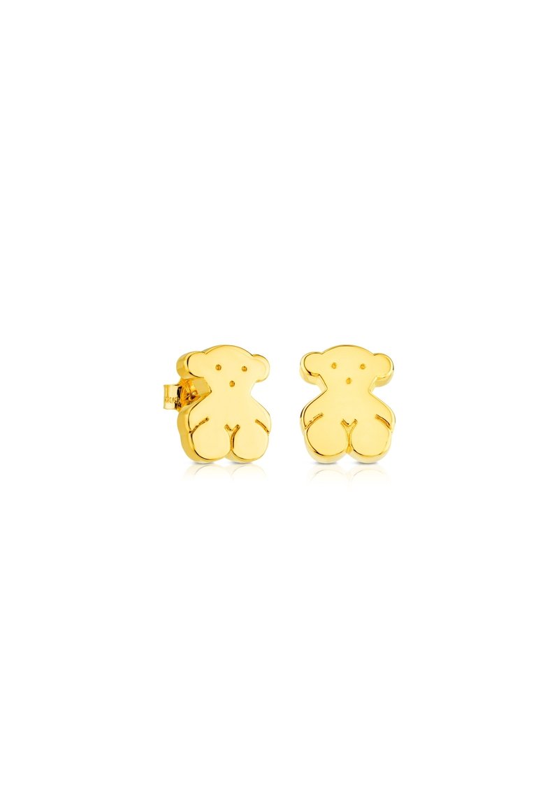 Orecchini a forma di orso in oro, con una finitura lucida, caratterizzati da bordi arrotondati e piccoli dettagli facciali. Costruzione resistente e chiusura sicura.