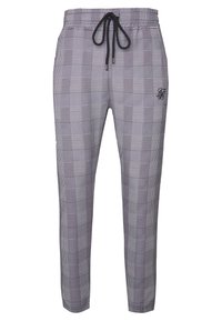 Szare dresowe spodnie w kratę wykonane z lekkiej tkaniny, z elastycznym pasem i sznurkiem oraz haftowanym logo z boku.