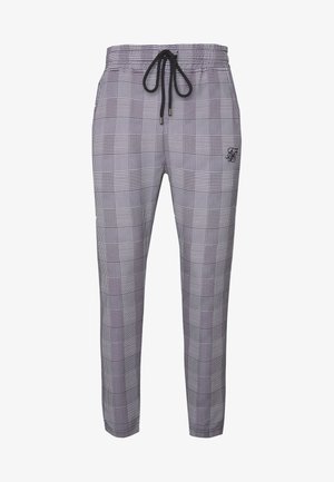 Grijze geruite joggers van lichtgewicht stof, met een elastische tailleband met een trekkoord en een geborduurd logo aan de zijkant.