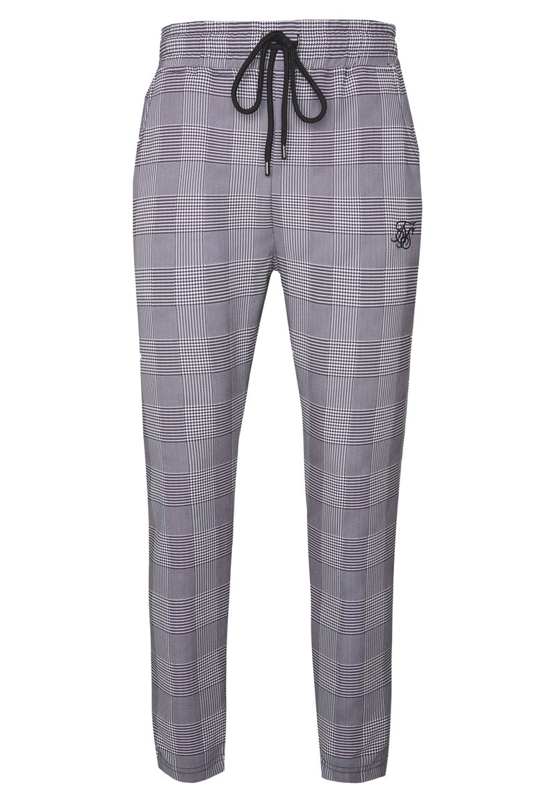 Szare dresowe spodnie w kratę wykonane z lekkiej tkaniny, z elastycznym pasem i sznurkiem oraz haftowanym logo z boku.