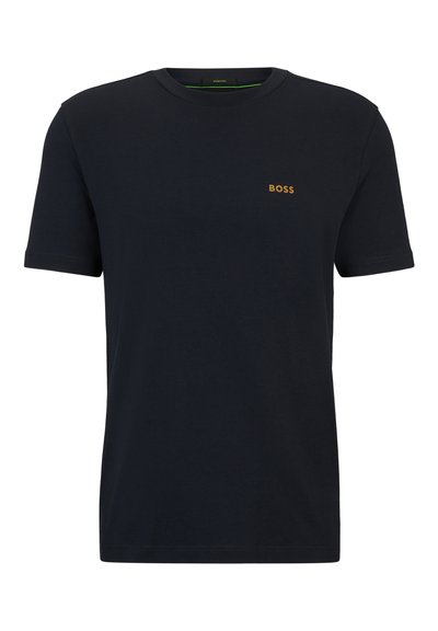 T-shirt en coton bleu marine avec manches courtes, col rond et un petit logo doré "BOSS" sur la poitrine. Texture douce, style décontracté.